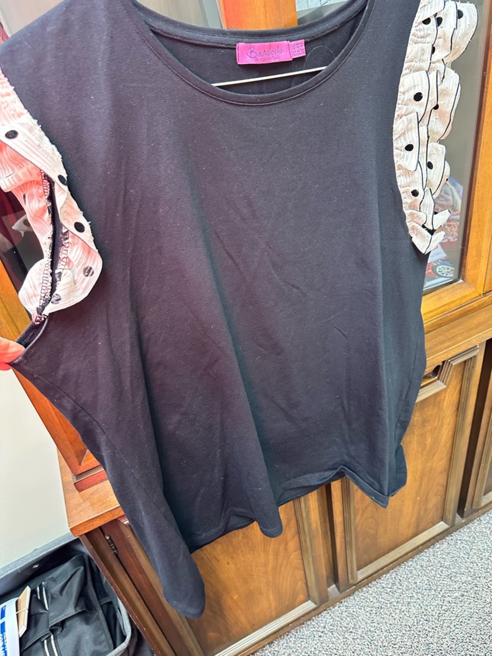 Anthropologie Black Tank with Polka-Dot Ruffle Sleeves